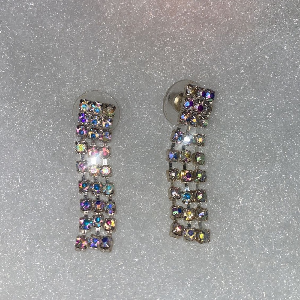 Iridescent dangly earrings. Bought at Glitterati.